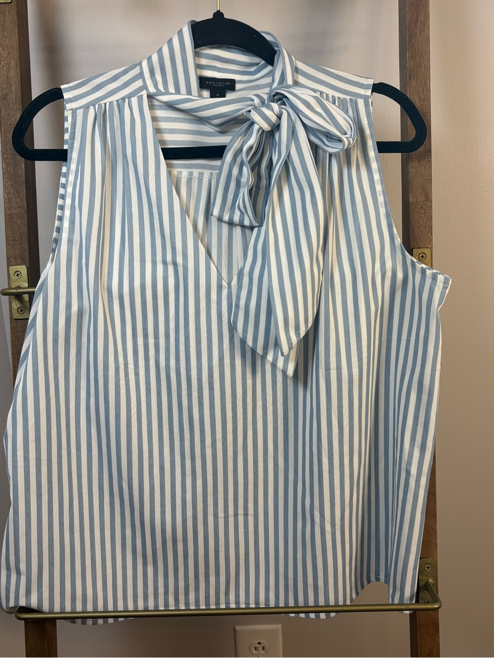 Ann Taylor Striped Sleeveless Tie-Neck Top - Light Blue & White